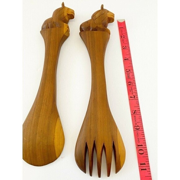 Hand Carved Lion Handle Salad Serving Spoon Fork Set African Vintage 80s 90s - Picture 6 of 7